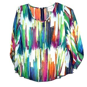 NWT Romeo & Juliet Couture multicolor brushstroke split sleeve semi sheer top L